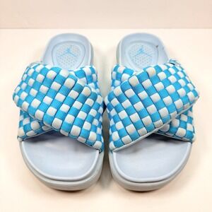 Jordan Women 9 Sophia Slides Woven Checkered Blue White Platform Comfort Pool